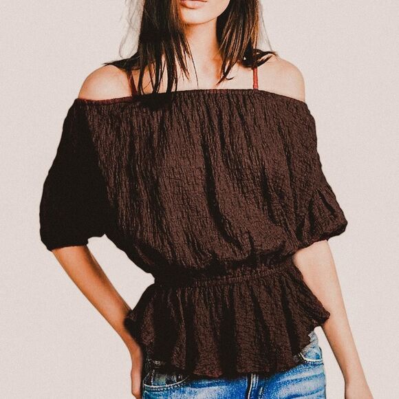 Free People Shades of Cool Black Smocked Off-Shoulder Textured Boho top – Size S - Picture 1 of 7